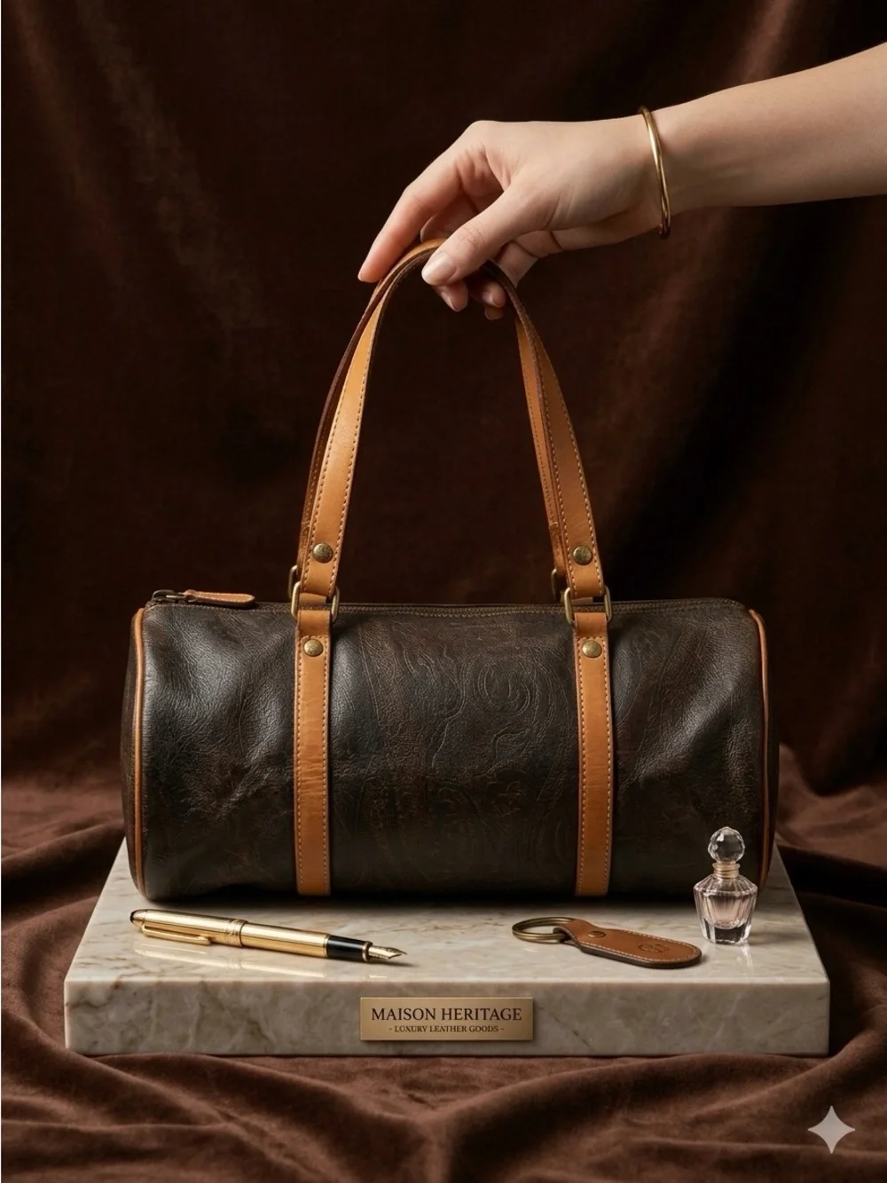 Etro Dark Brown Barrel Duffel with Tan Leather Straps